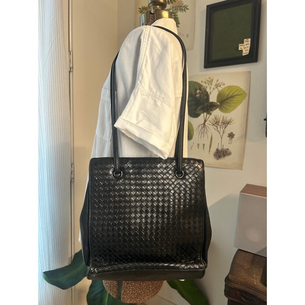 Enzo Angiolini Black Woven Leather Tote Bag Intrecciato Style Shoulder Purse - Picture 2 of 3